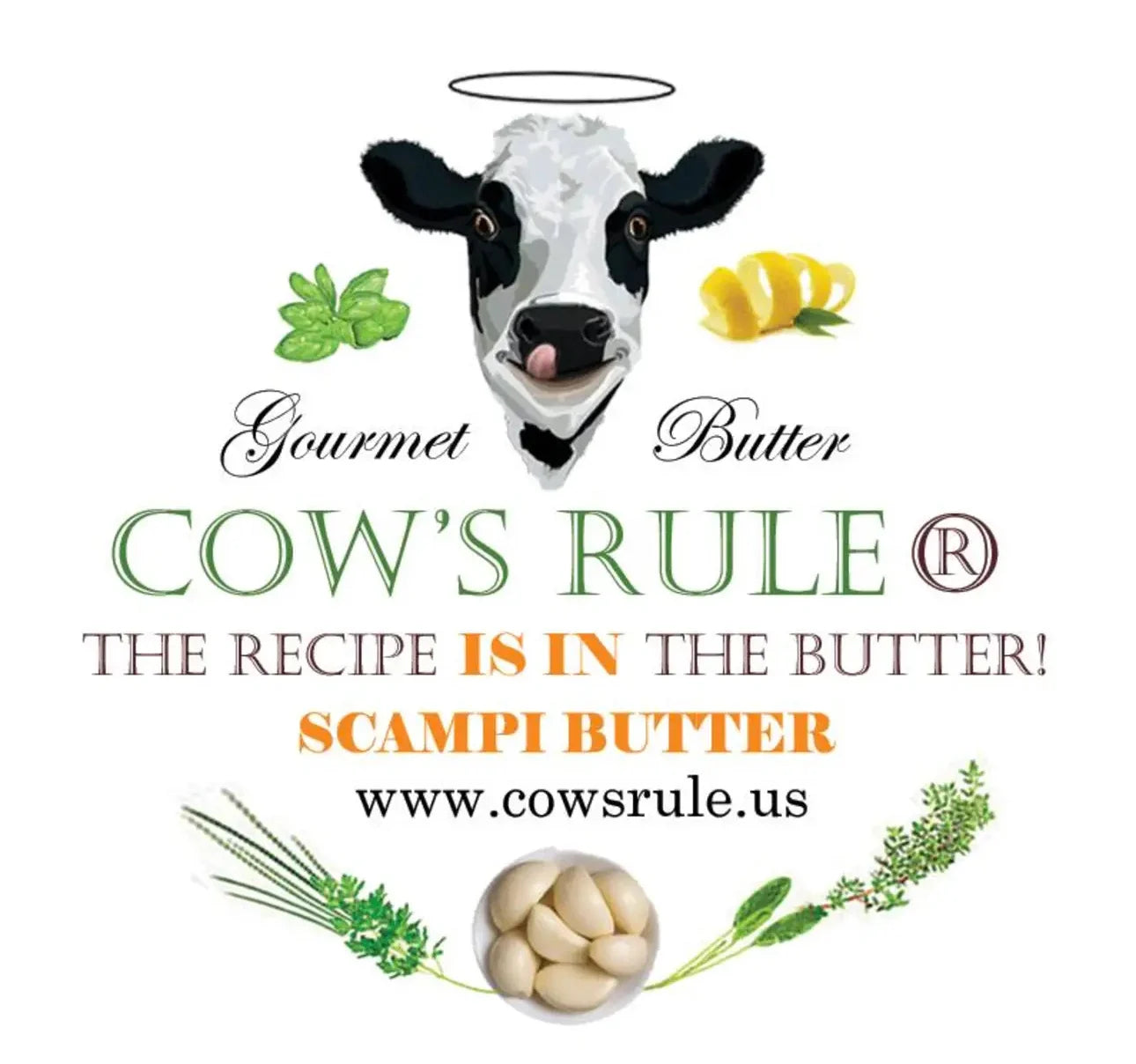 Packaging for Scampi Butter featuring a graphic of a cow's head with the text 'Gourmet Butter', and a list of ingredients such as chicken, potatoes, and herbs.