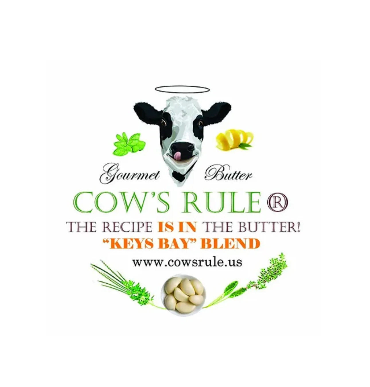 Packaging for 'Keys Bay Blend' gourmet butter, featuring an image of a cow's head with a halo above the text that reads 'COW'S RULE™ THE RECIPE IS IN THE BUTTER!', surrounded by graphics of seafood and text indicating the product is a 'KEYS BAY BLEND'. There is also a website address listed.