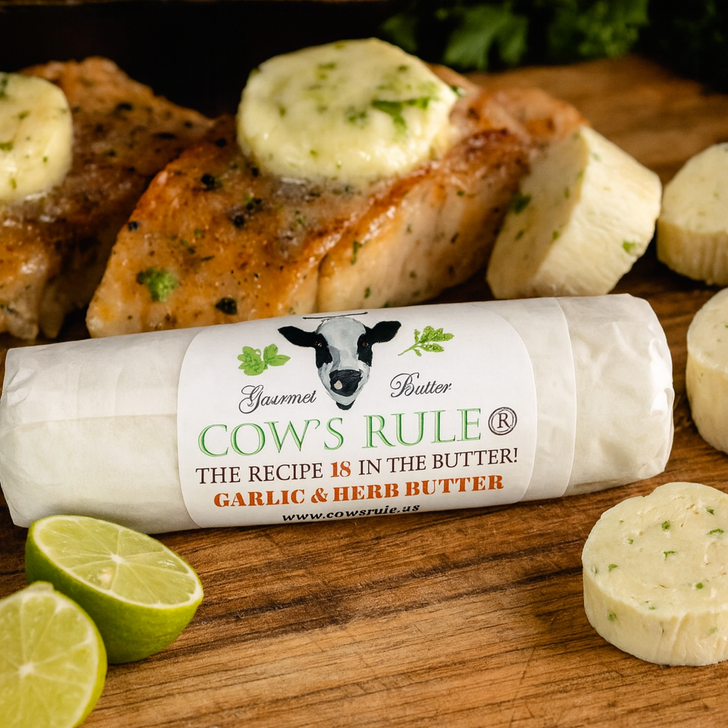 Roll of Cow's Rule garlic & herb butter with salmon and lime on a wooden surface