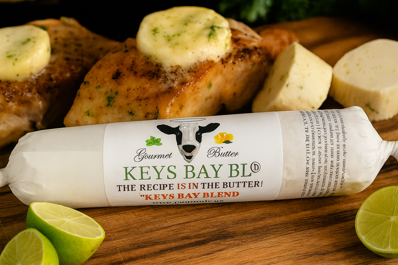 Butter stick labeled 'Keys Bay Blend' on a wooden surface with lime wedges and chicken.