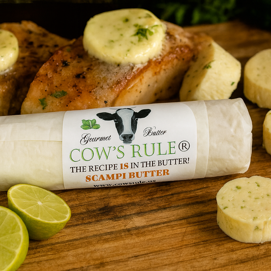 Butter stick labeled 'Cow's Rule' on a wooden surface with scampi and lime slices.
