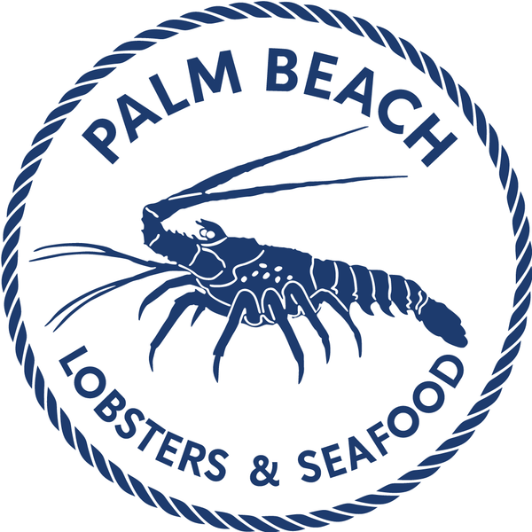Logo of Palm Beach Lobsters & Seafood with a blue lobster illustration on a white background.